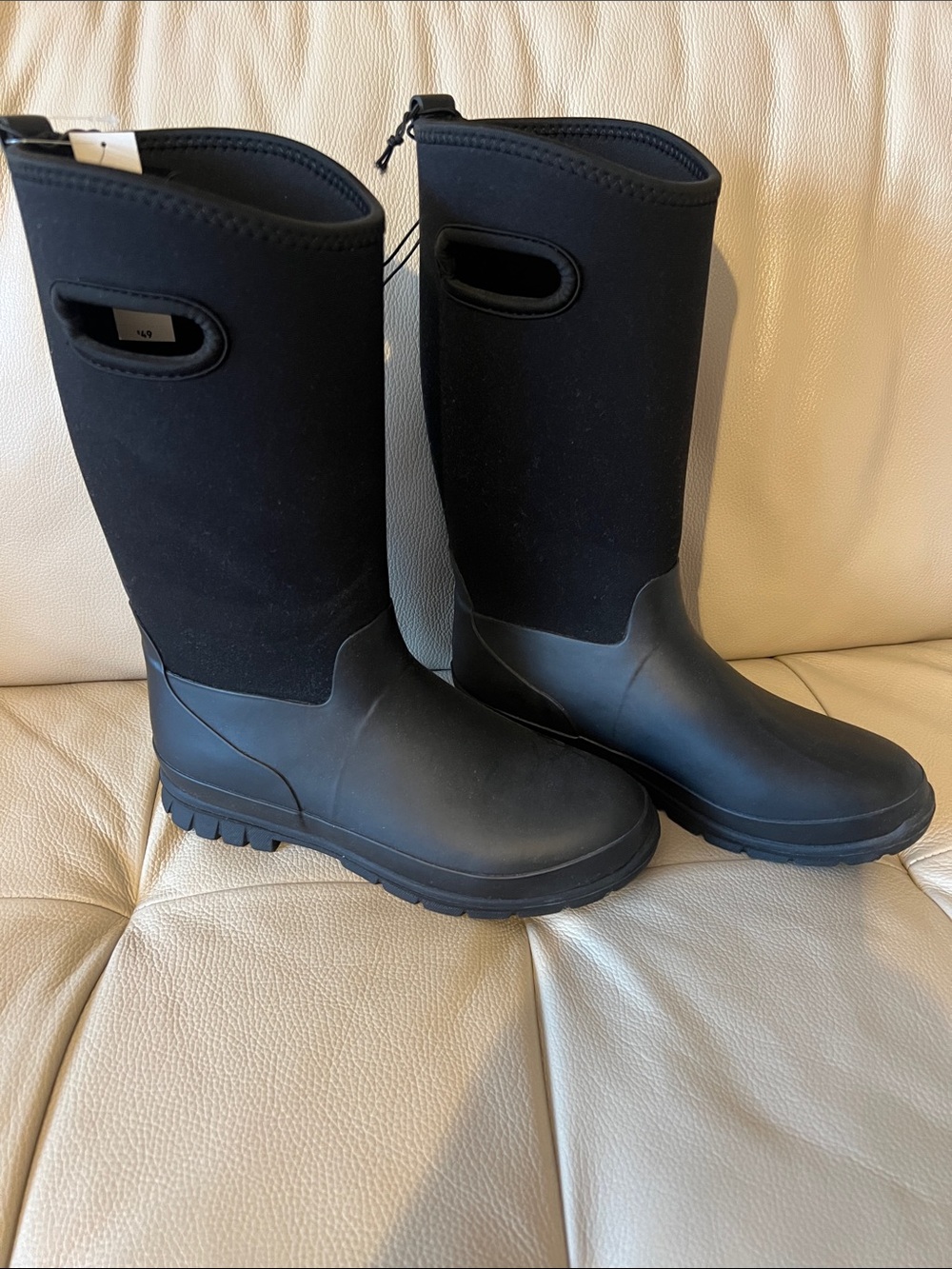 Women's Tall Black Rain Boots with Easy Pull Handles